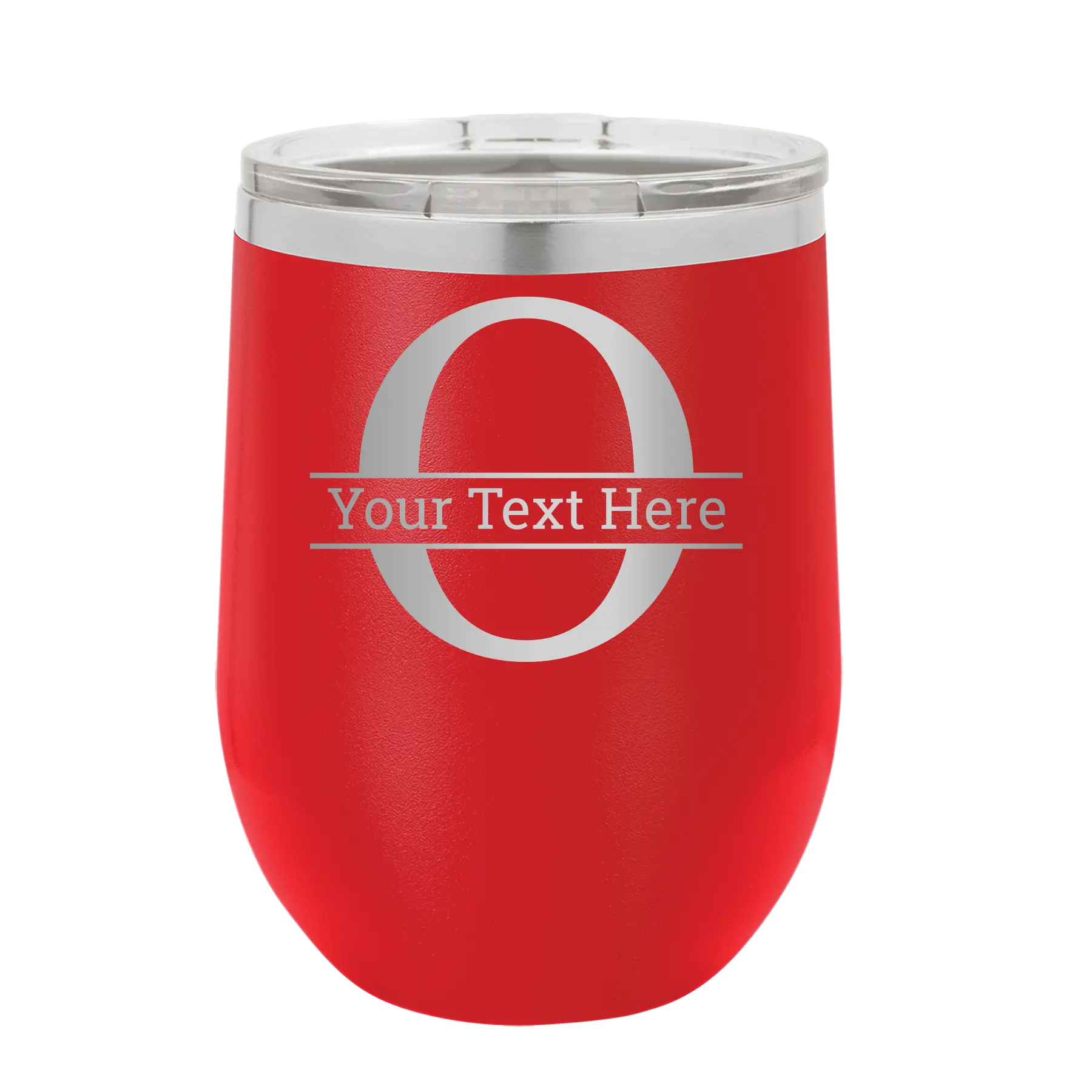 Personalized red 12 oz vacuum insulated wine cup with 'Monogram letter O' design