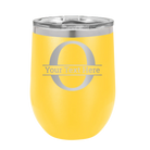 Personalized yellow 12 oz vacuum insulated wine cup with 'Monogram letter O' design