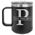 Personalized black 15 oz vacuum insulated coffee mug with 'Monogram letter P' design
