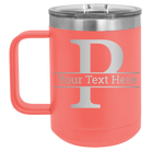 Personalized coral 15 oz vacuum insulated coffee mug with 'Monogram letter P' design