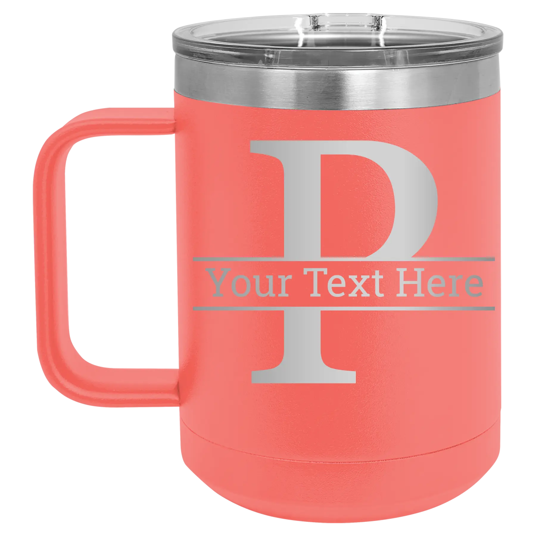 Personalized coral 15 oz vacuum insulated coffee mug with 'Monogram letter P' design