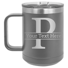 Personalized dark gray 15 oz vacuum insulated coffee mug with 'Monogram letter P' design