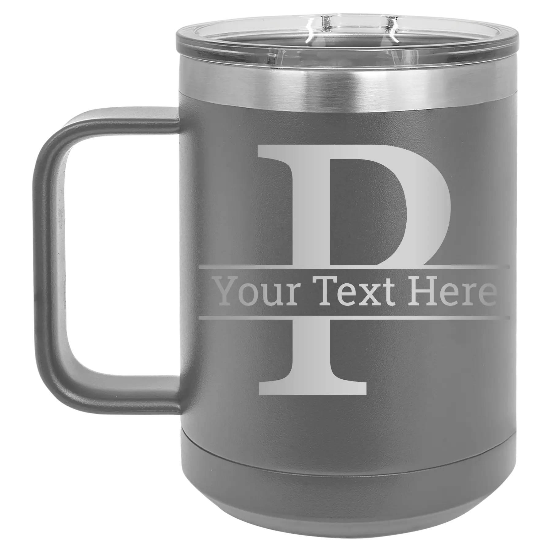 Personalized dark gray 15 oz vacuum insulated coffee mug with 'Monogram letter P' design