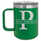 Personalized green 15 oz vacuum insulated coffee mug with 'Monogram letter P' design