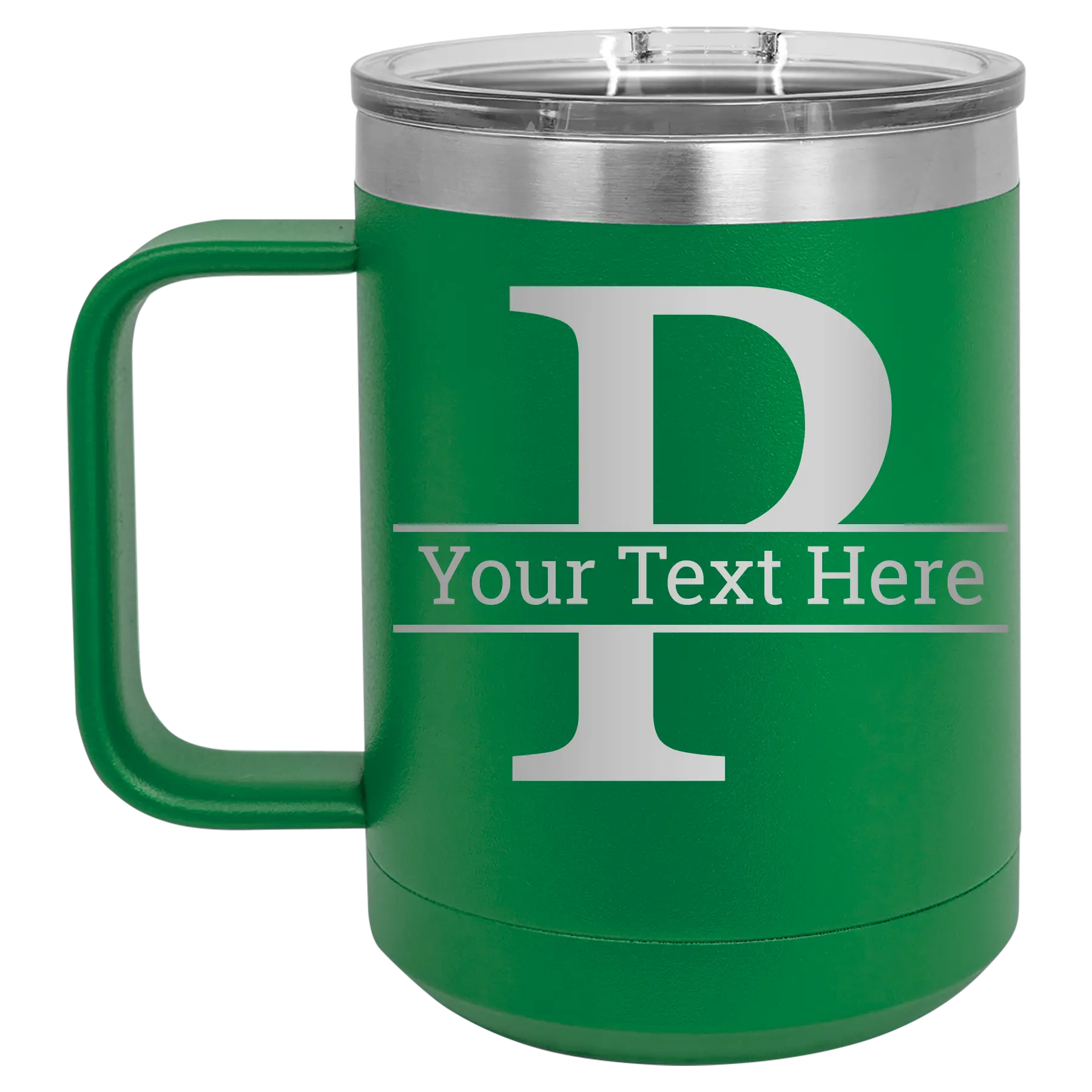 Personalized green 15 oz vacuum insulated coffee mug with 'Monogram letter P' design