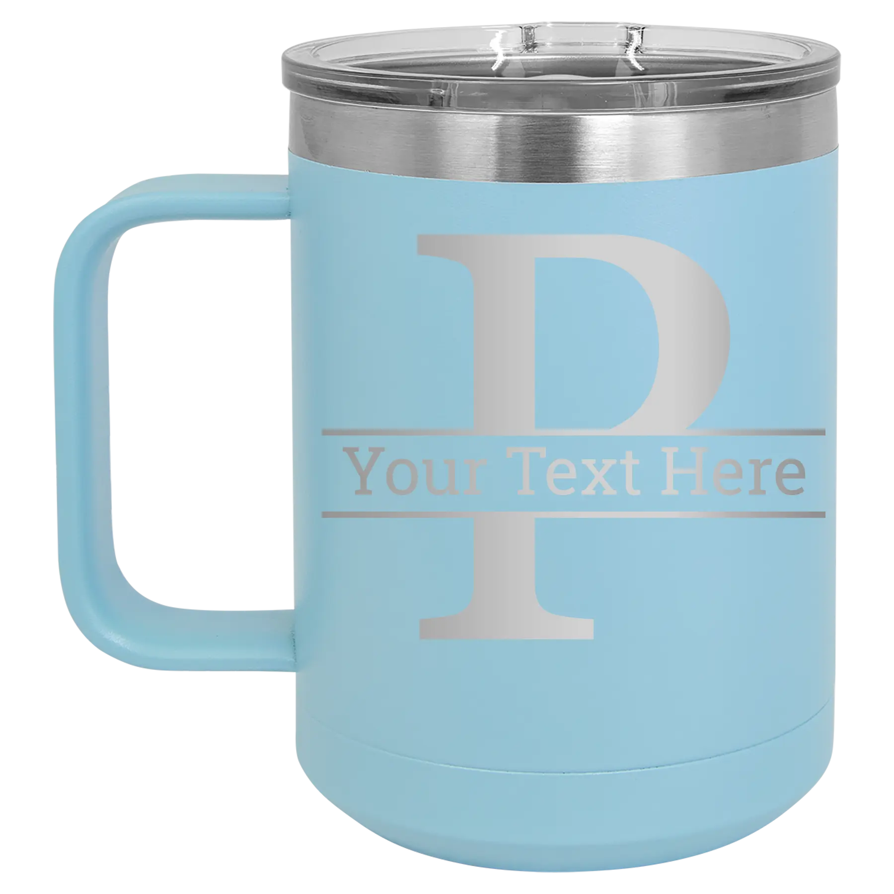Personalized light blue 15 oz vacuum insulated coffee mug with 'Monogram letter P' design
