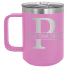 Personalized light purple 15 oz vacuum insulated coffee mug with 'Monogram letter P' design
