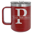 Personalized maroon 15 oz vacuum insulated coffee mug with 'Monogram letter P' design