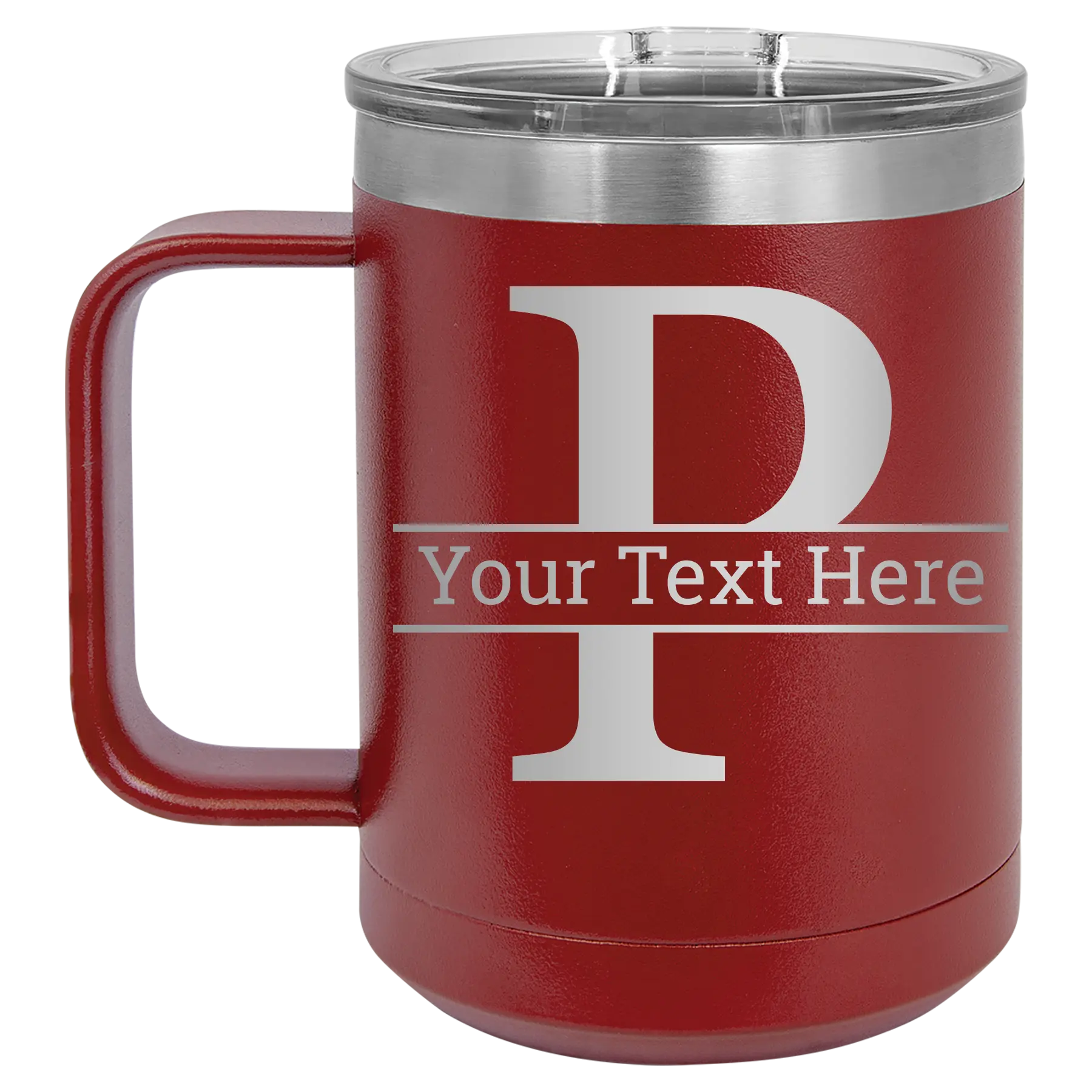 Personalized maroon 15 oz vacuum insulated coffee mug with 'Monogram letter P' design
