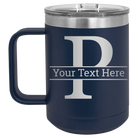 Personalized navy 15 oz vacuum insulated coffee mug with 'Monogram letter P' design