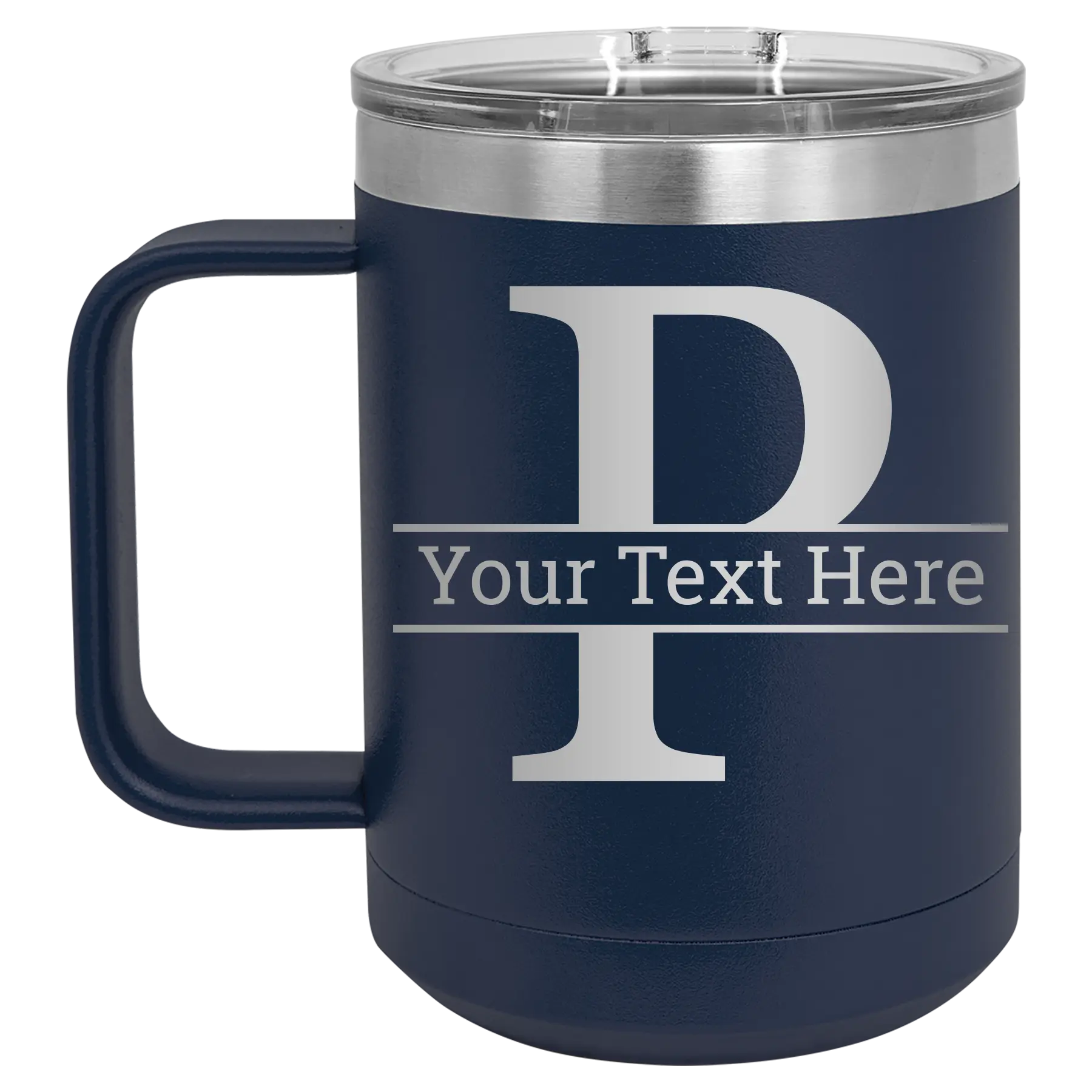 Personalized navy 15 oz vacuum insulated coffee mug with 'Monogram letter P' design