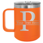 Personalized orange 15 oz vacuum insulated coffee mug with 'Monogram letter P' design