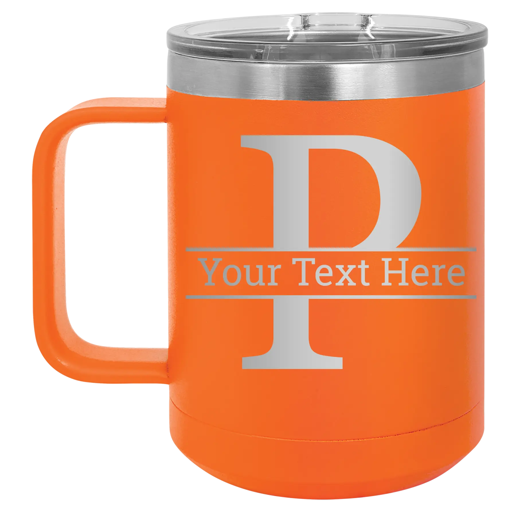 Personalized orange 15 oz vacuum insulated coffee mug with 'Monogram letter P' design