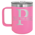 Personalized pink 15 oz vacuum insulated coffee mug with 'Monogram letter P' design