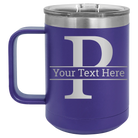 Personalized purple 15 oz vacuum insulated coffee mug with 'Monogram letter P' design