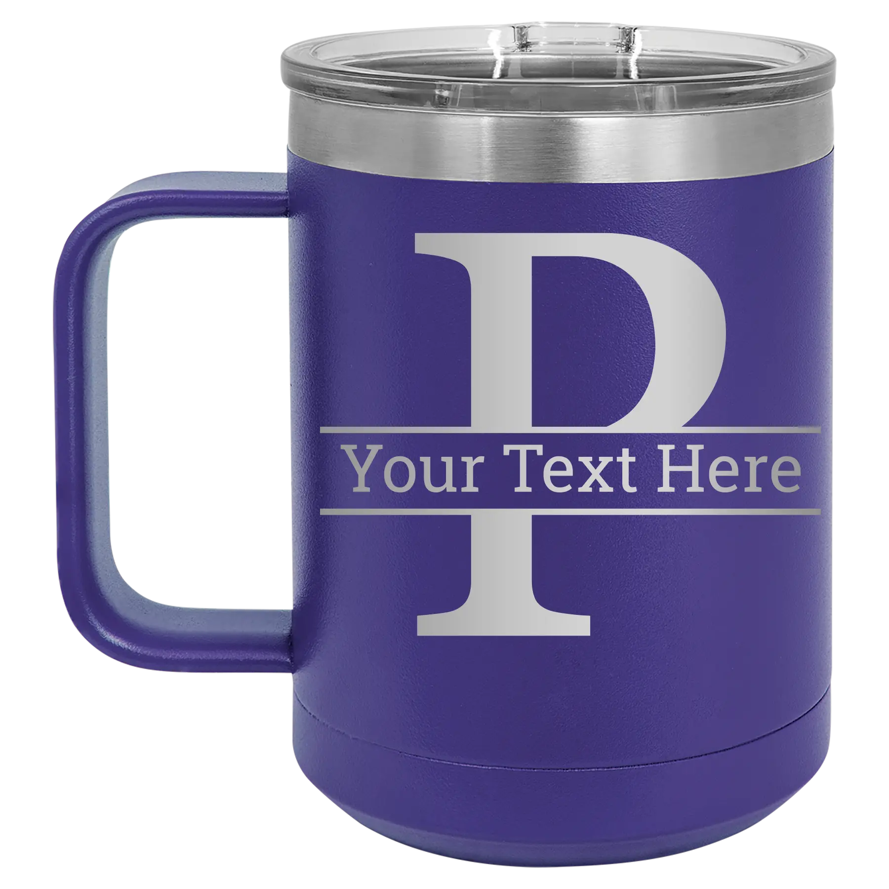 Personalized purple 15 oz vacuum insulated coffee mug with 'Monogram letter P' design