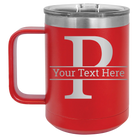 Personalized red 15 oz vacuum insulated coffee mug with 'Monogram letter P' design