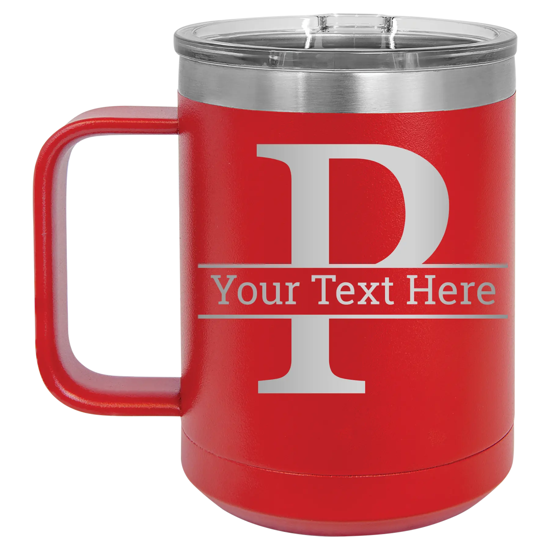 Personalized red 15 oz vacuum insulated coffee mug with 'Monogram letter P' design