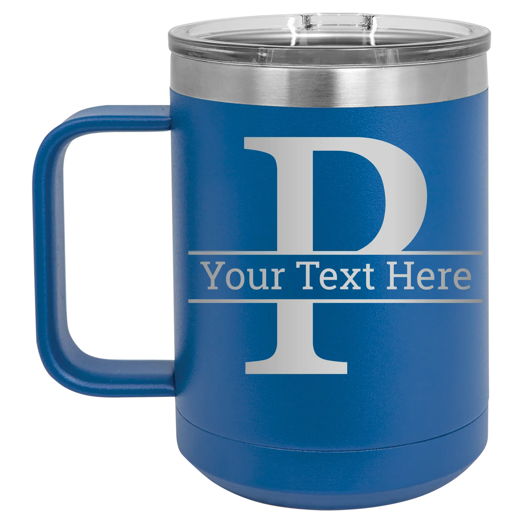 Personalized royal blue 15 oz vacuum insulated coffee mug with 'Monogram letter P' design