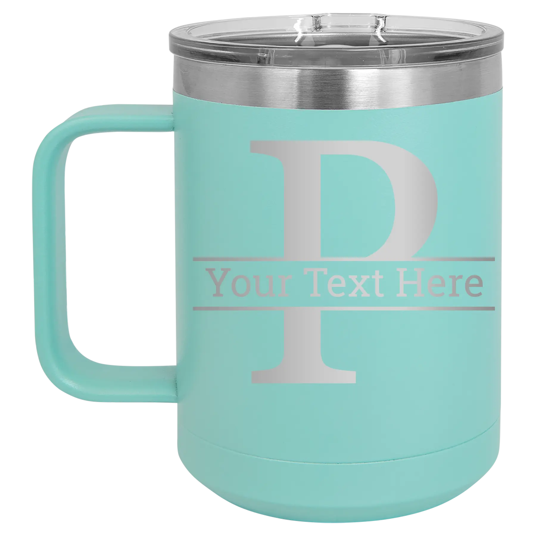 Personalized teal 15 oz vacuum insulated coffee mug with 'Monogram letter P' design
