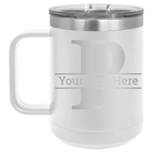 Personalized white 15 oz vacuum insulated coffee mug with 'Monogram letter P' design