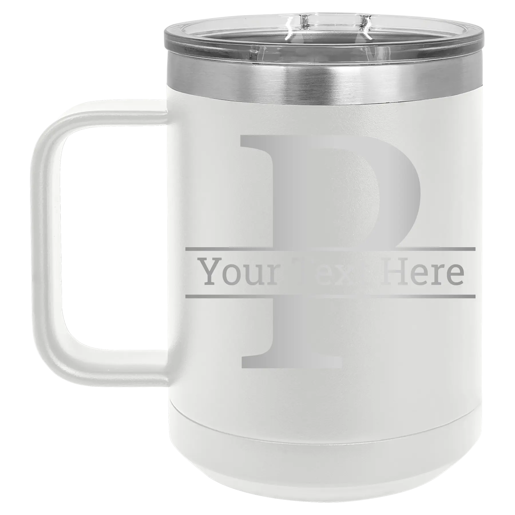 Personalized white 15 oz vacuum insulated coffee mug with 'Monogram letter P' design