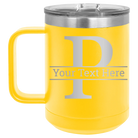 Personalized yellow 15 oz vacuum insulated coffee mug with 'Monogram letter P' design