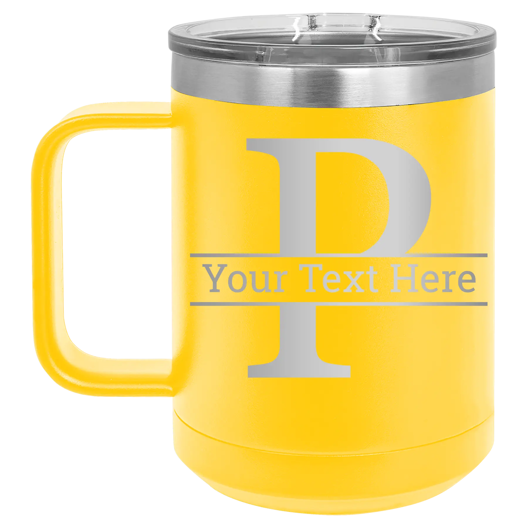 Personalized yellow 15 oz vacuum insulated coffee mug with 'Monogram letter P' design