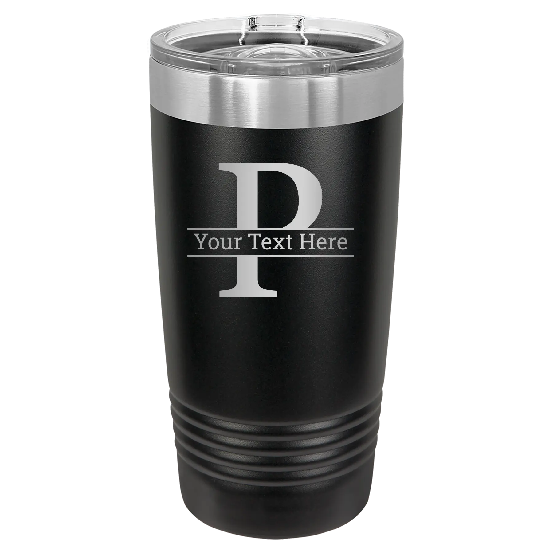 Personalized black 20 oz vacuum insulated tumbler with 'Monogram letter P' design