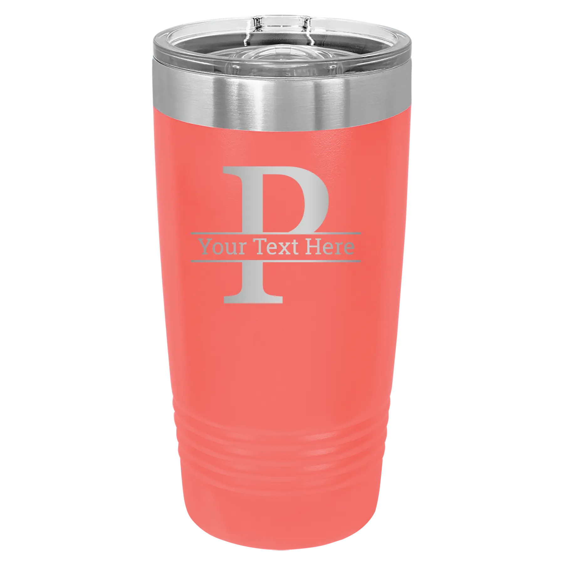 Personalized coral 20 oz vacuum insulated tumbler with 'Monogram letter P' design