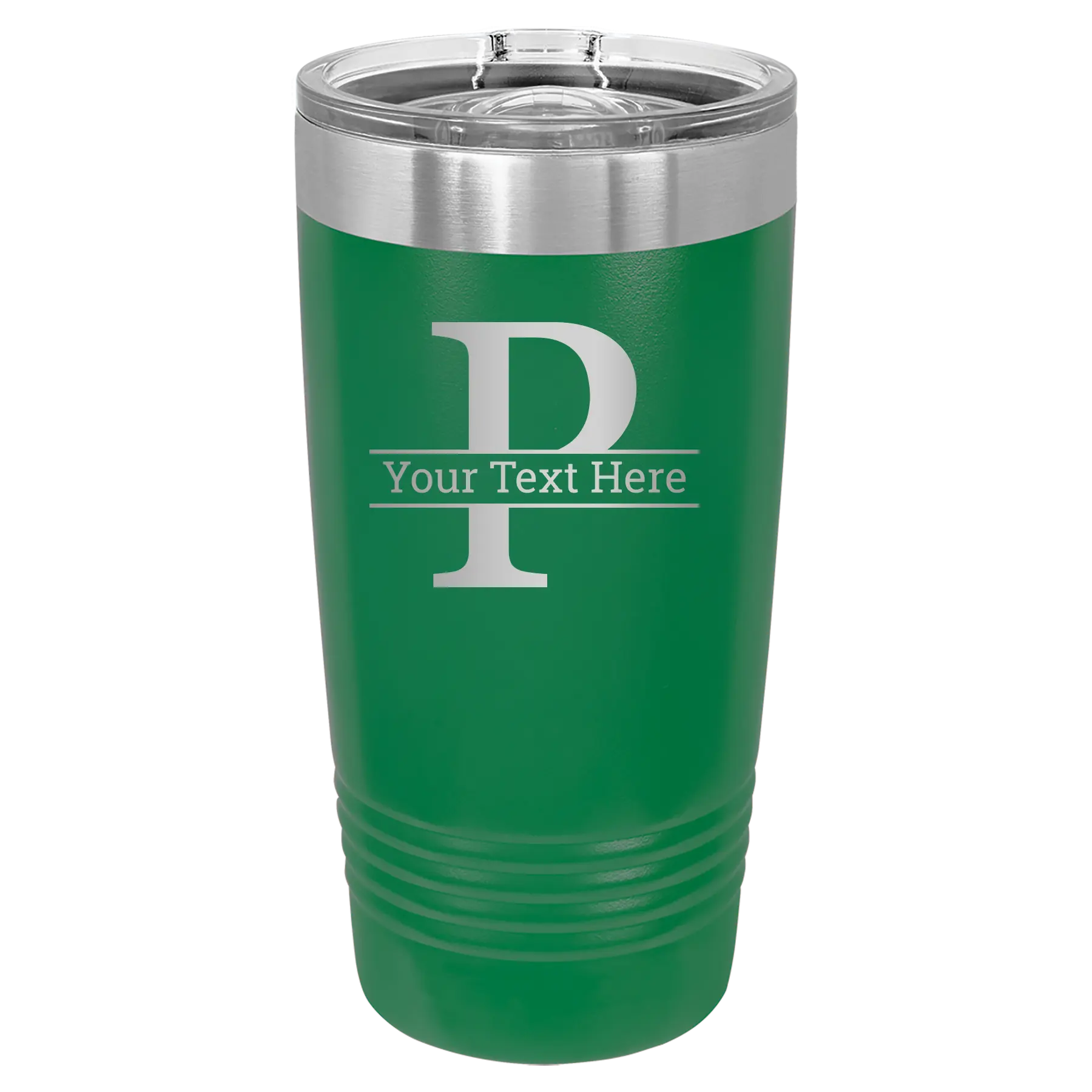 Personalized green 20 oz vacuum insulated tumbler with 'Monogram letter P' design