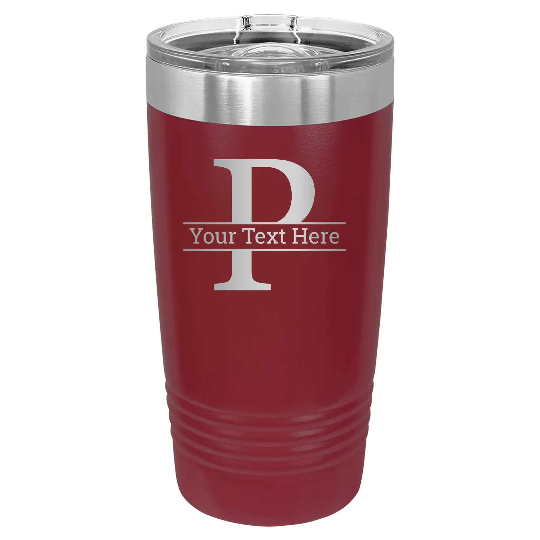 Personalized maroon 20 oz vacuum insulated tumbler with 'Monogram letter P' design