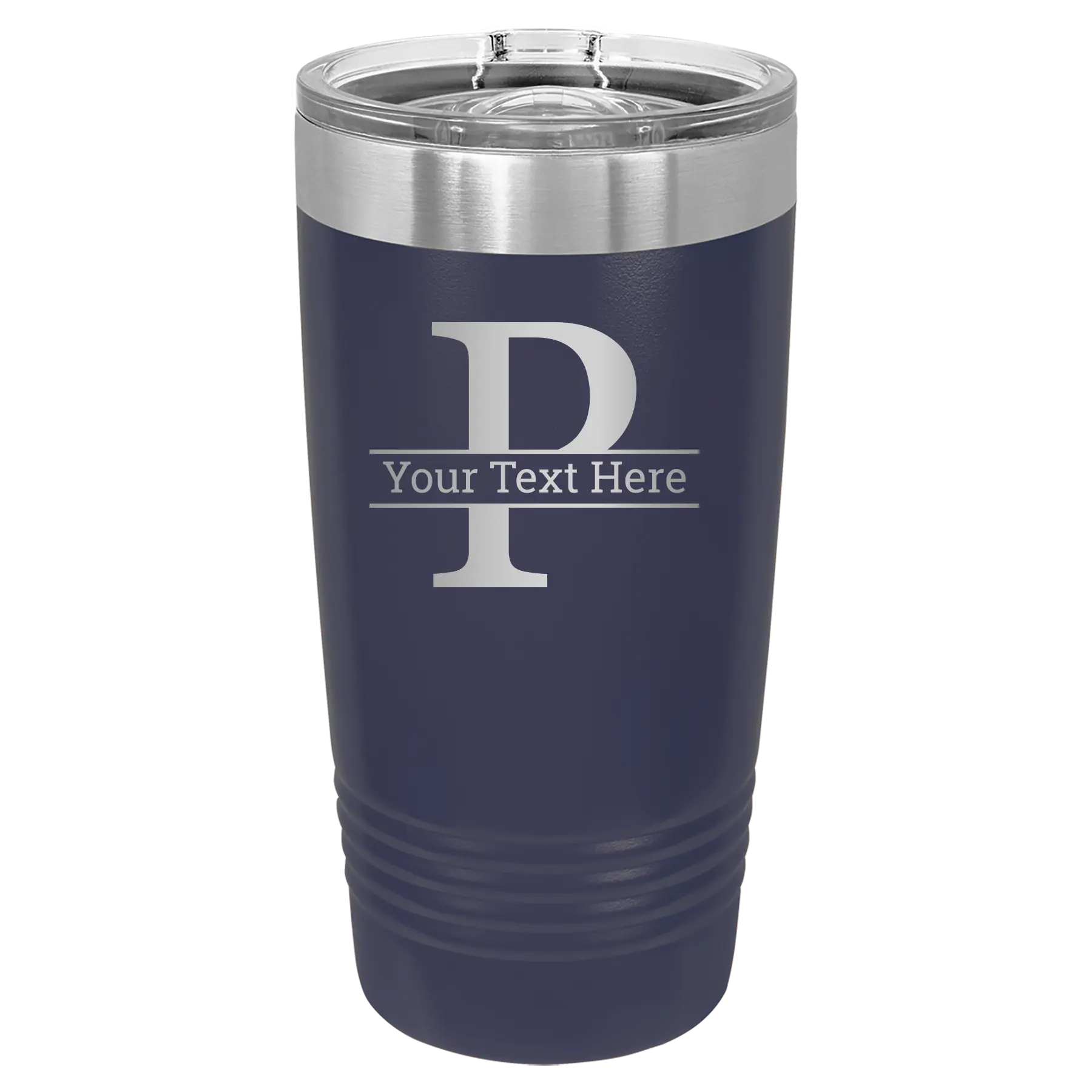 Personalized navy 20 oz vacuum insulated tumbler with 'Monogram letter P' design