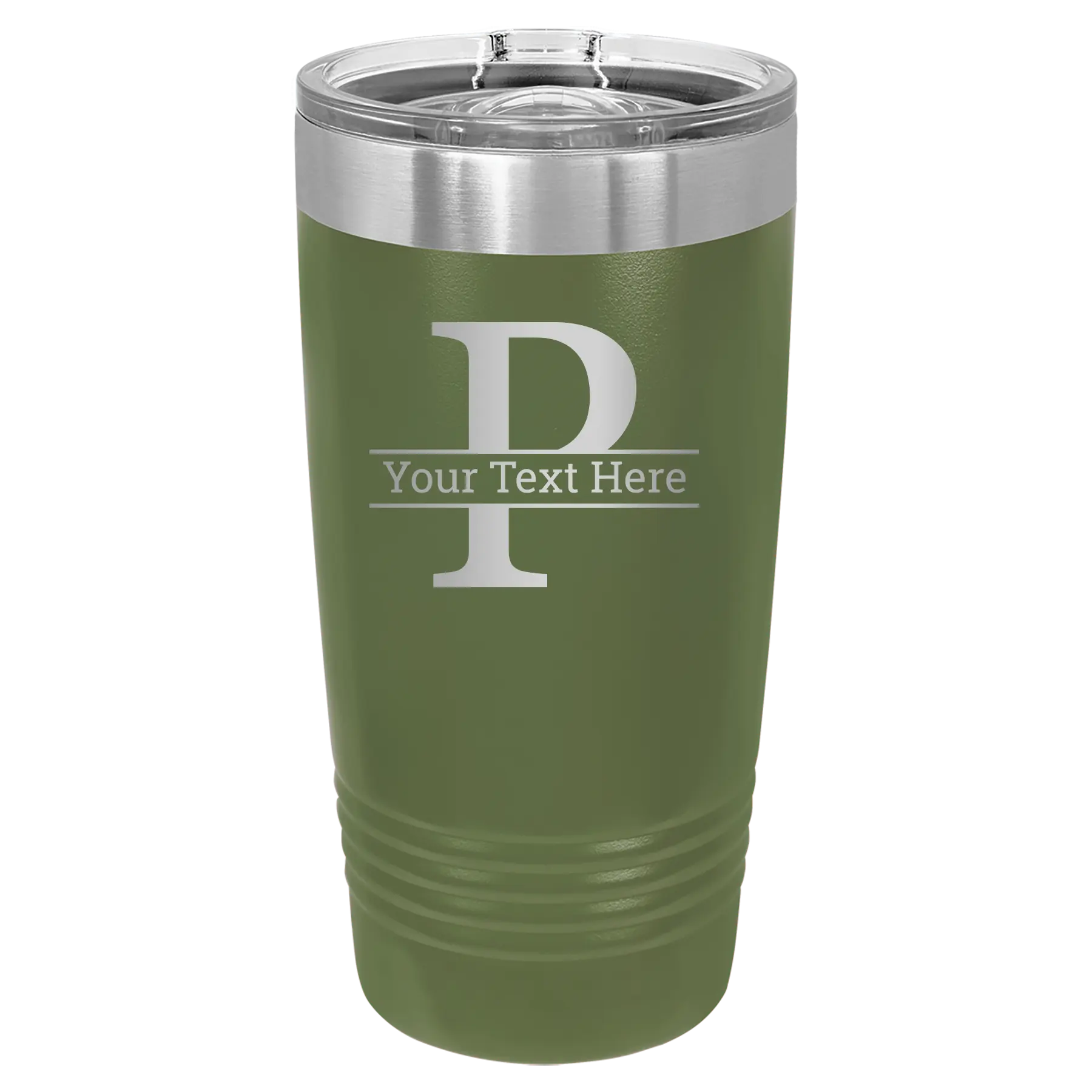 Personalized olive green 20 oz vacuum insulated tumbler with 'Monogram letter P' design