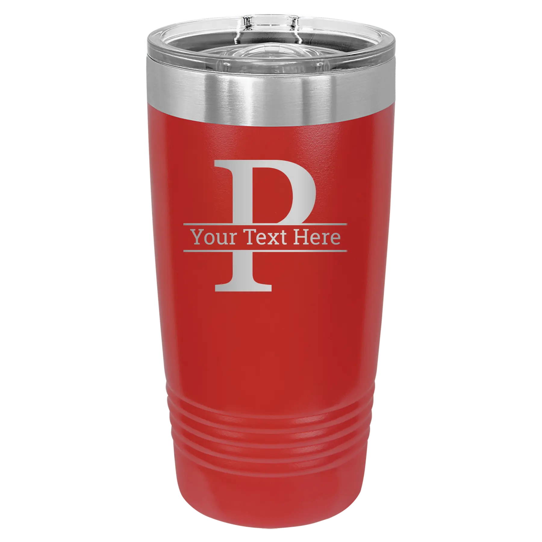 Personalized red 20 oz vacuum insulated tumbler with 'Monogram letter P' design