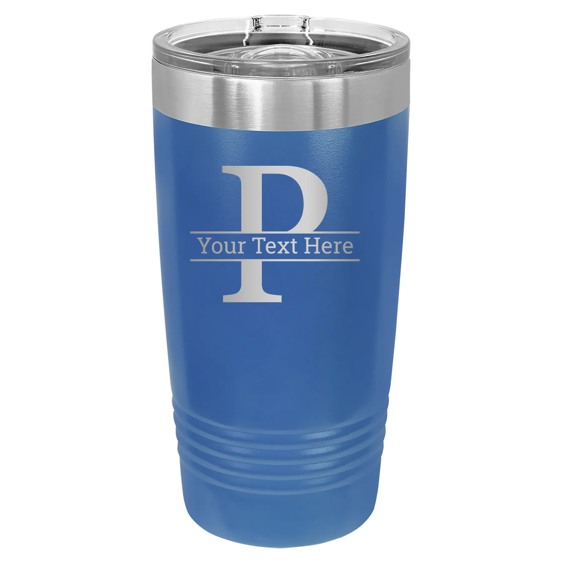 Personalized royal blue 20 oz vacuum insulated tumbler with 'Monogram letter P' design