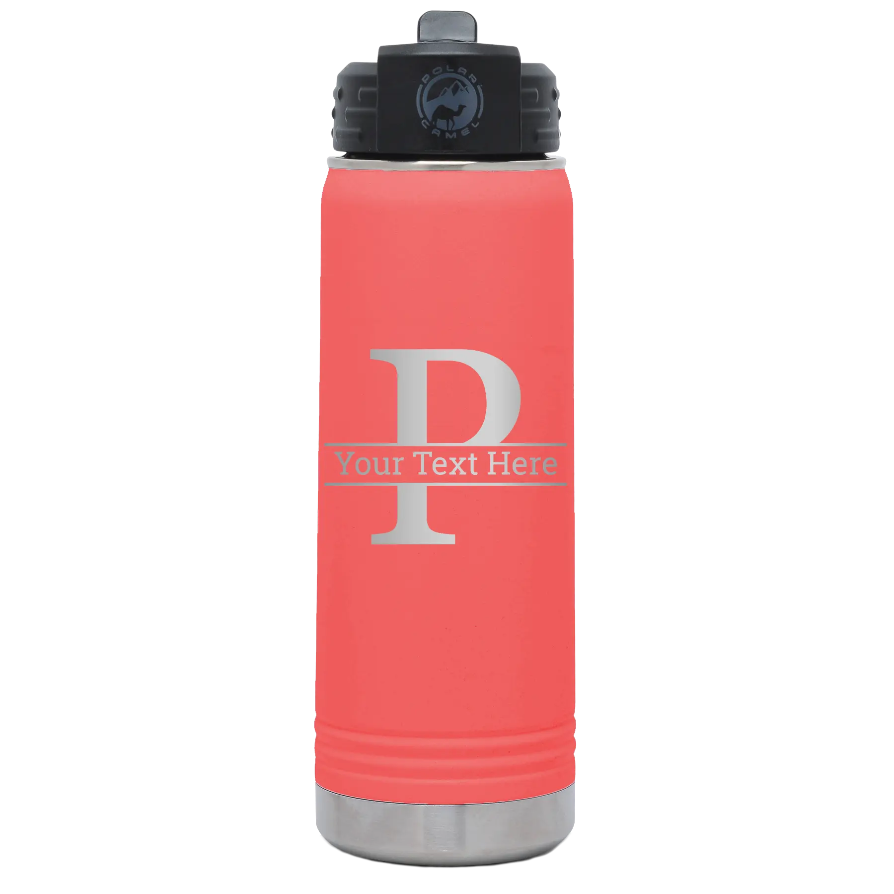 Personalized coral 20 oz vacuum insulated water bottle with 'Monogram letter P' design