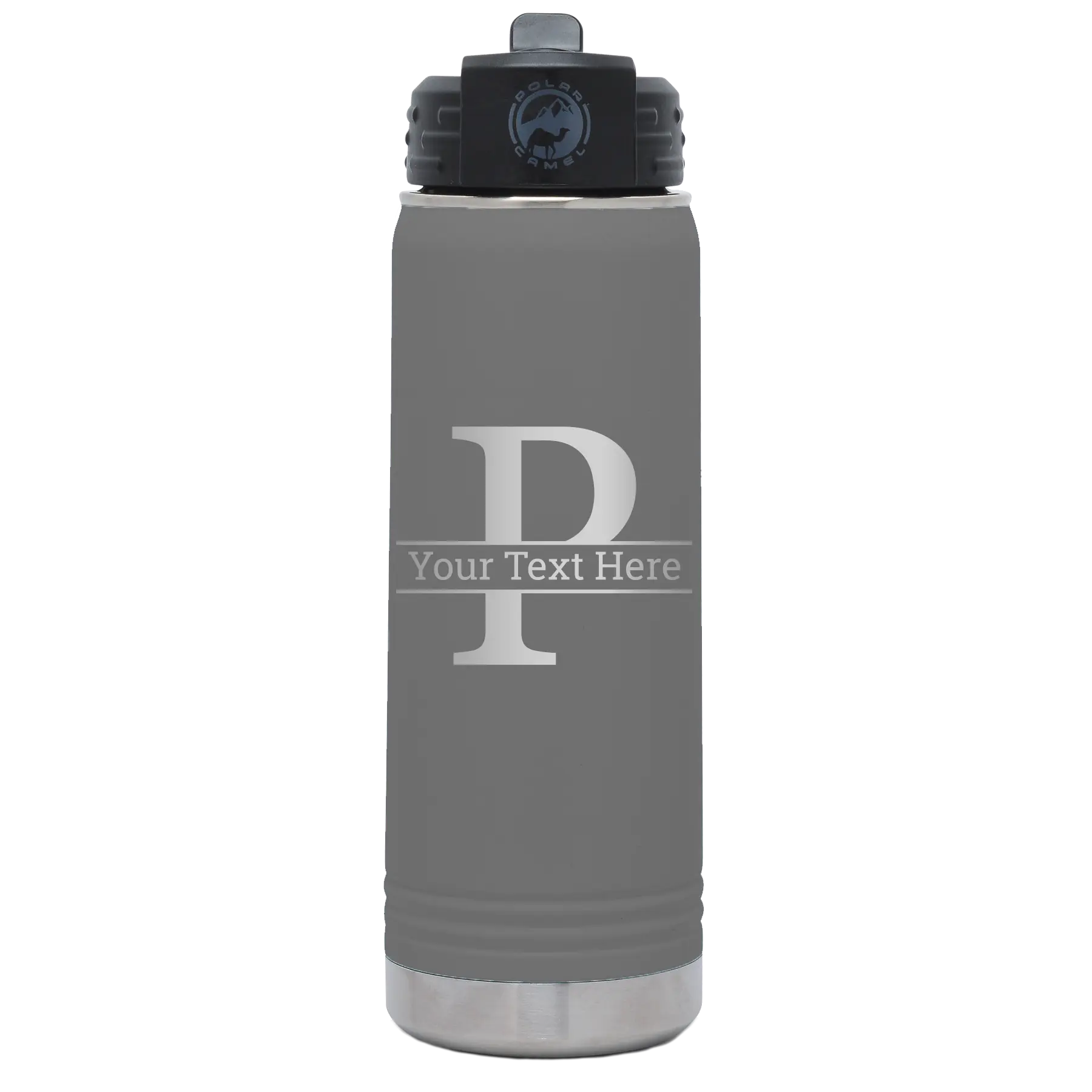 Personalized dark gray 20 oz vacuum insulated water bottle with 'Monogram letter P' design