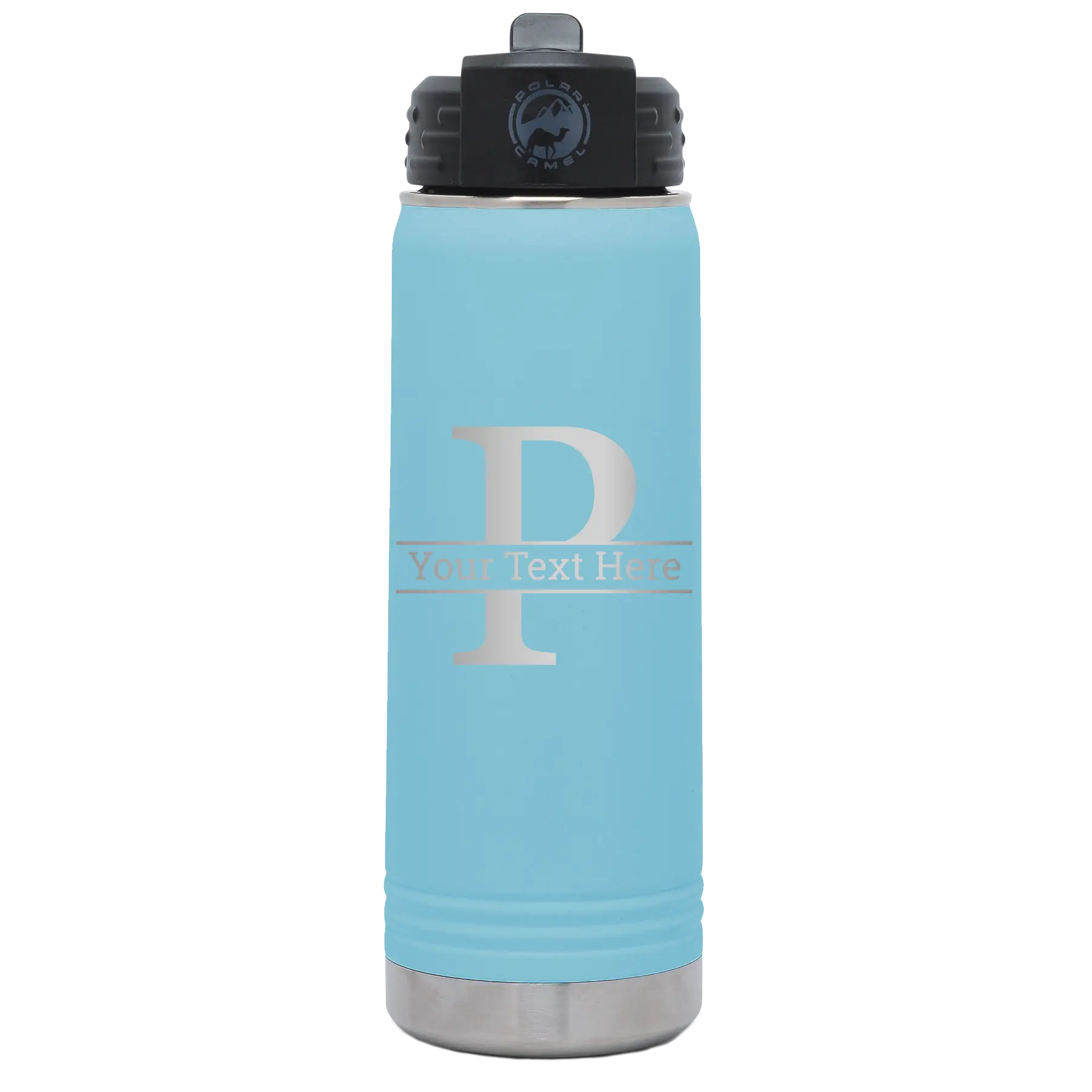 Personalized light blue 20 oz vacuum insulated water bottle with 'Monogram letter P' design