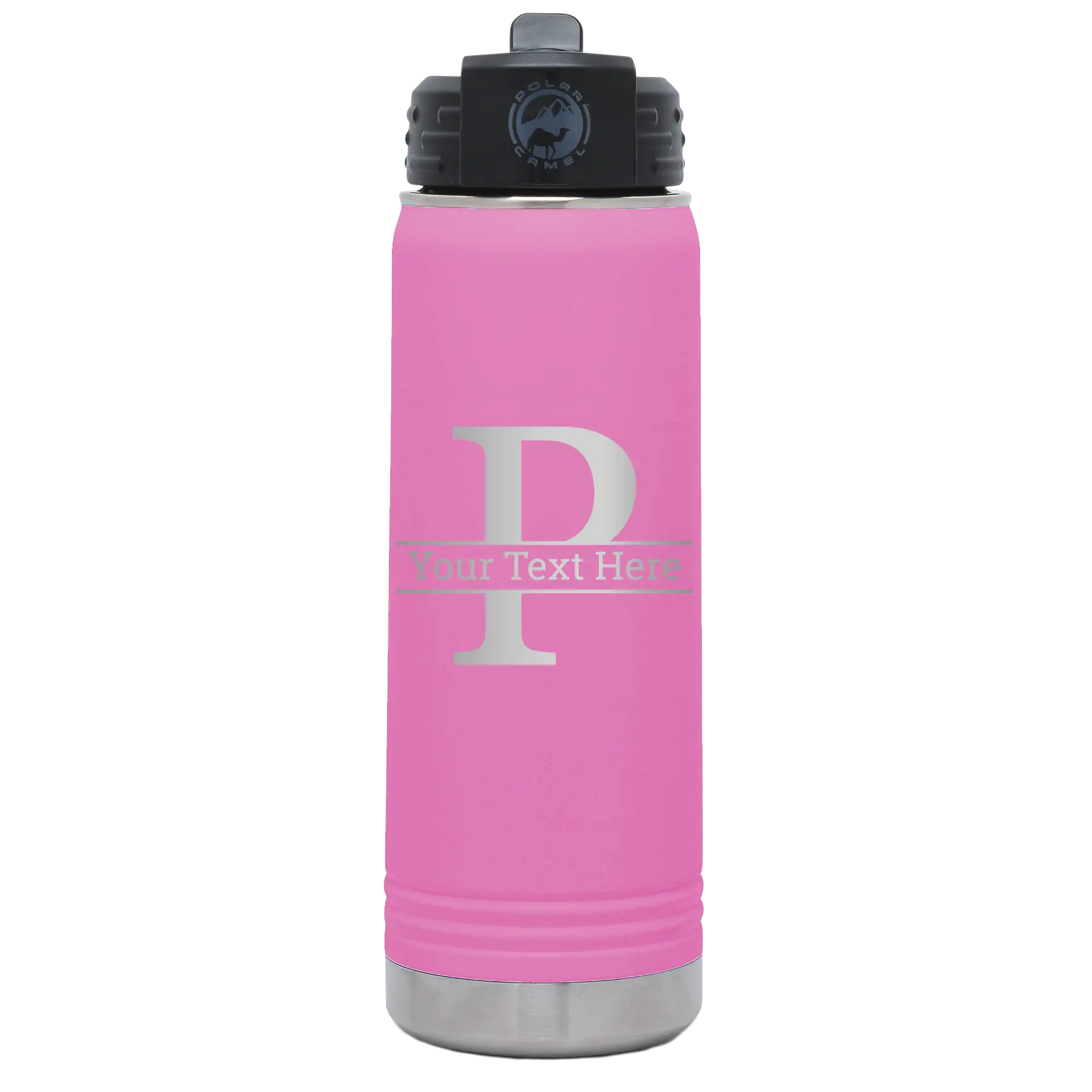 Personalized light purple 20 oz vacuum insulated water bottle with 'Monogram letter P' design