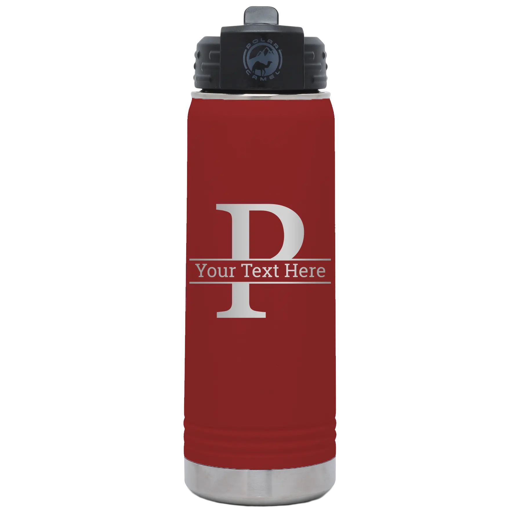 Personalized maroon 20 oz vacuum insulated water bottle with 'Monogram letter P' design