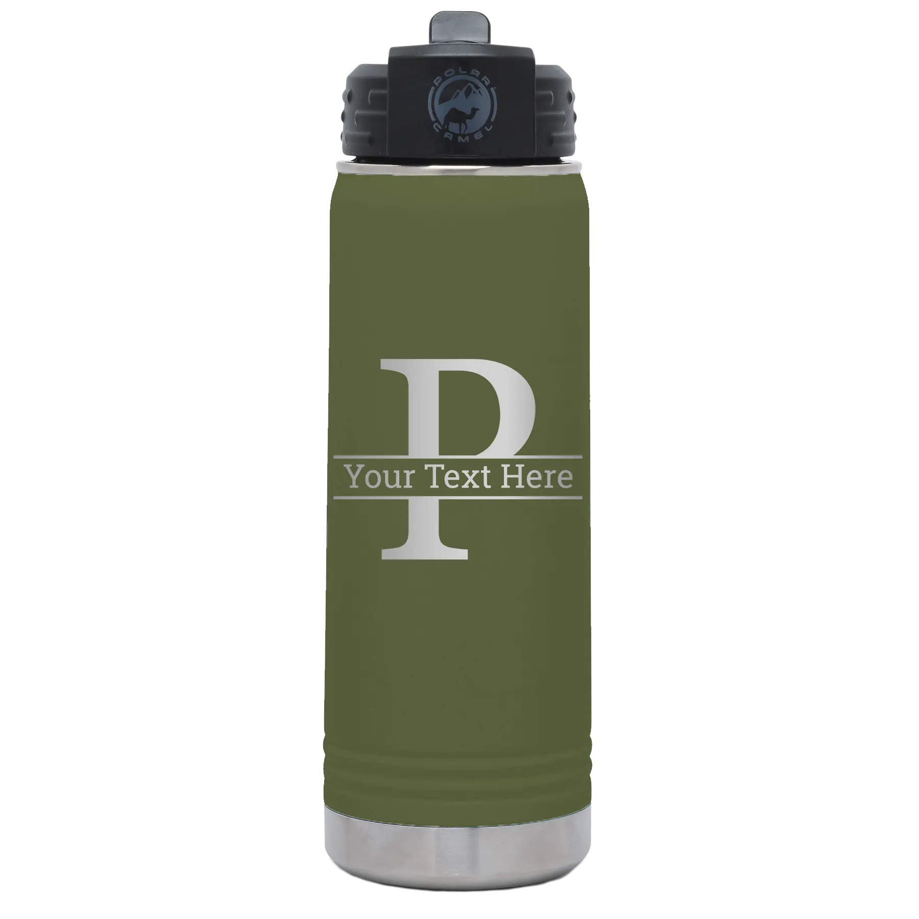 Personalized olive green 20 oz vacuum insulated water bottle with 'Monogram letter P' design