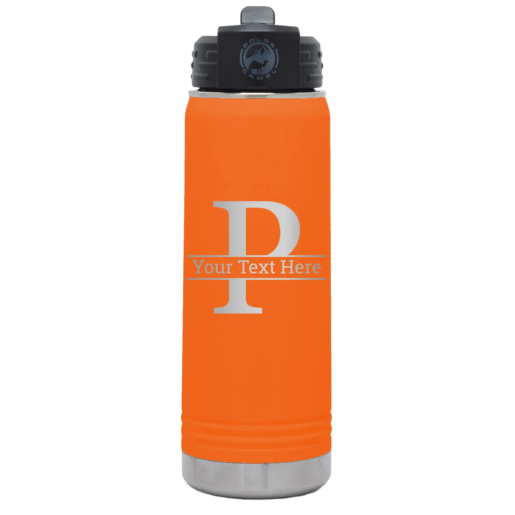 Personalized orange 20 oz vacuum insulated water bottle with 'Monogram letter P' design
