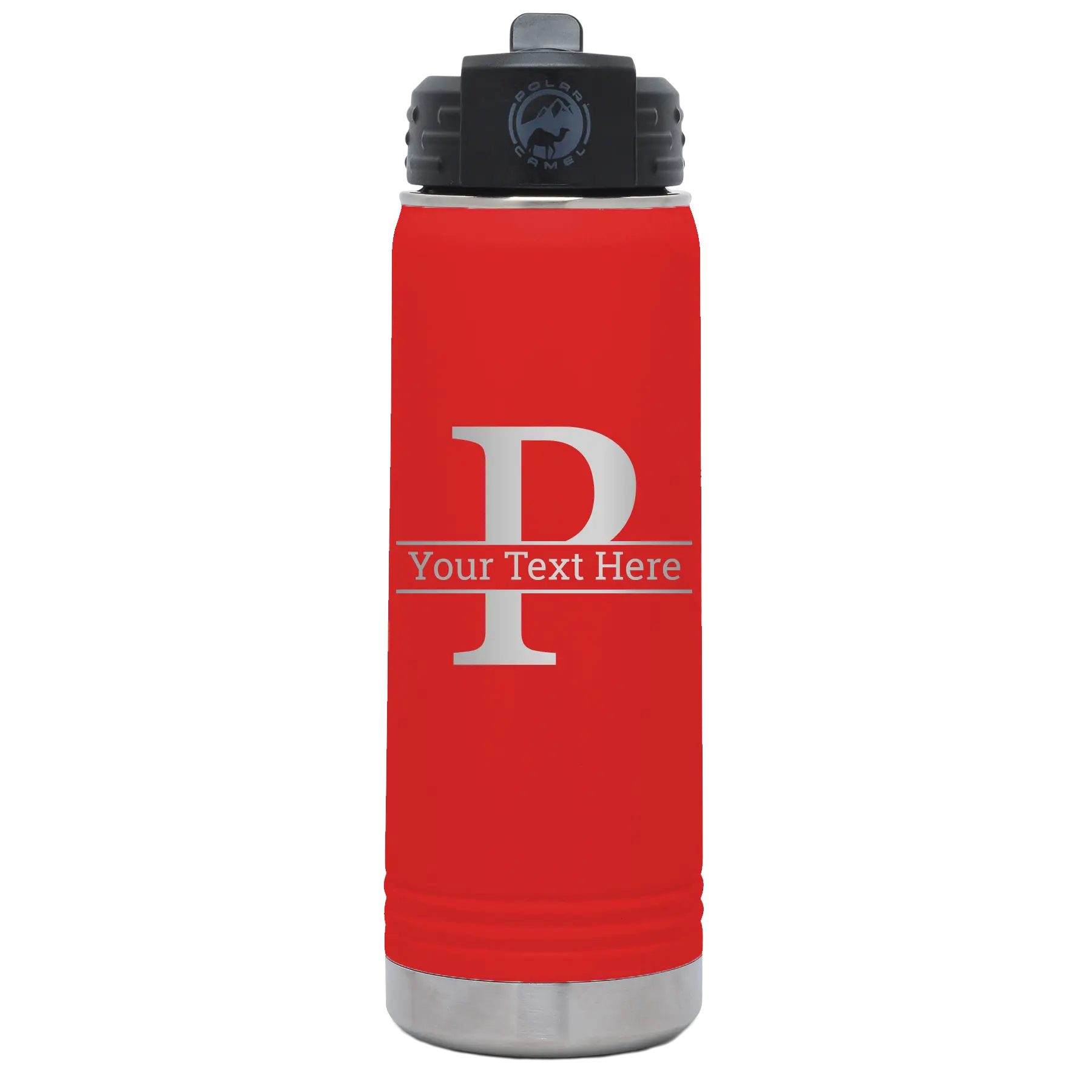 Personalized red 20 oz vacuum insulated water bottle with 'Monogram letter P' design