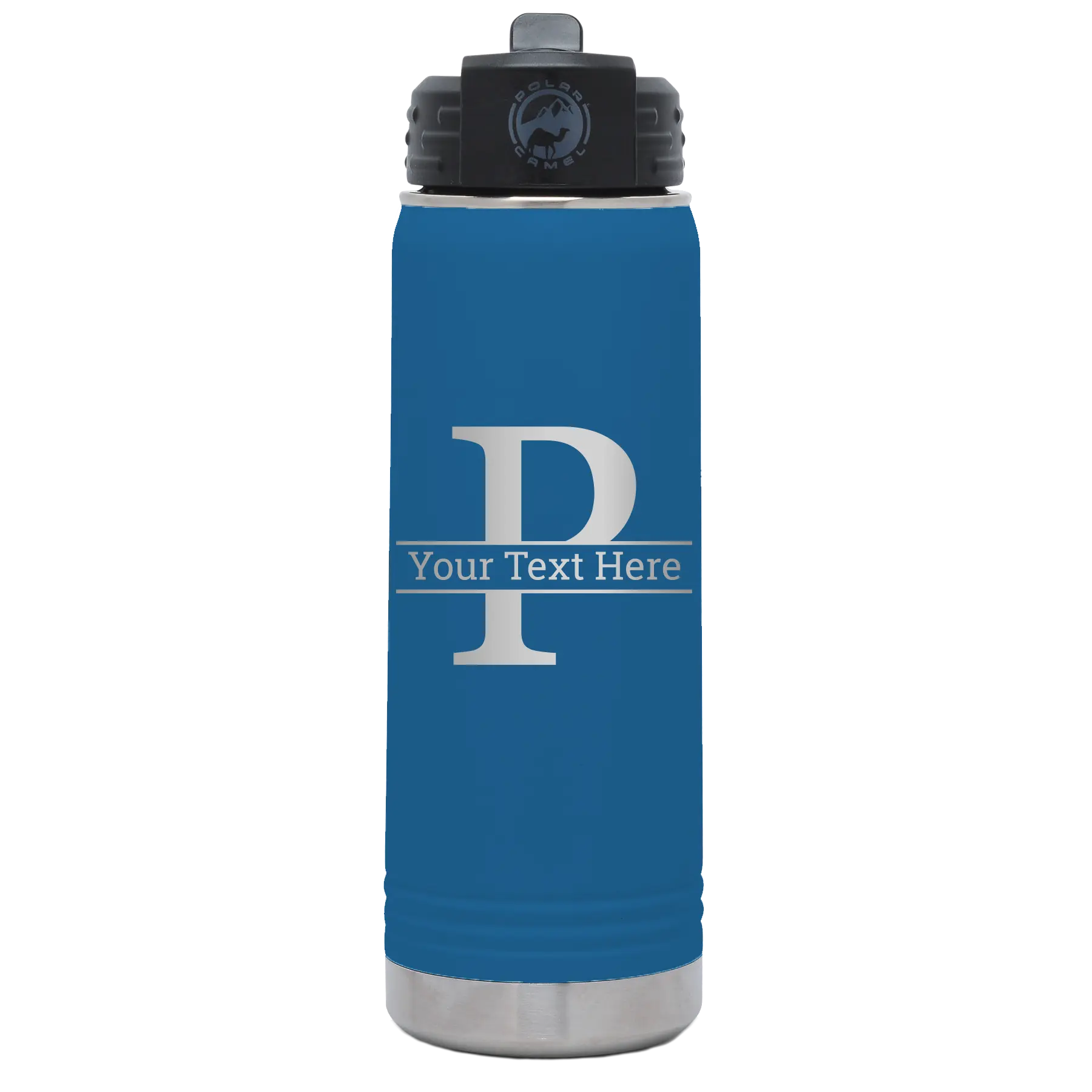 Personalized royal blue 20 oz vacuum insulated water bottle with 'Monogram letter P' design
