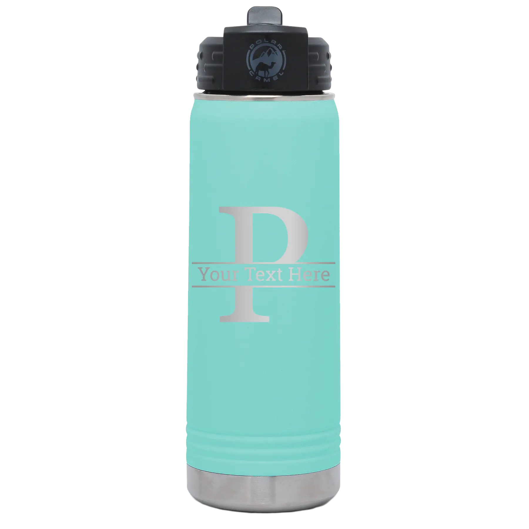 Personalized teal 20 oz vacuum insulated water bottle with 'Monogram letter P' design