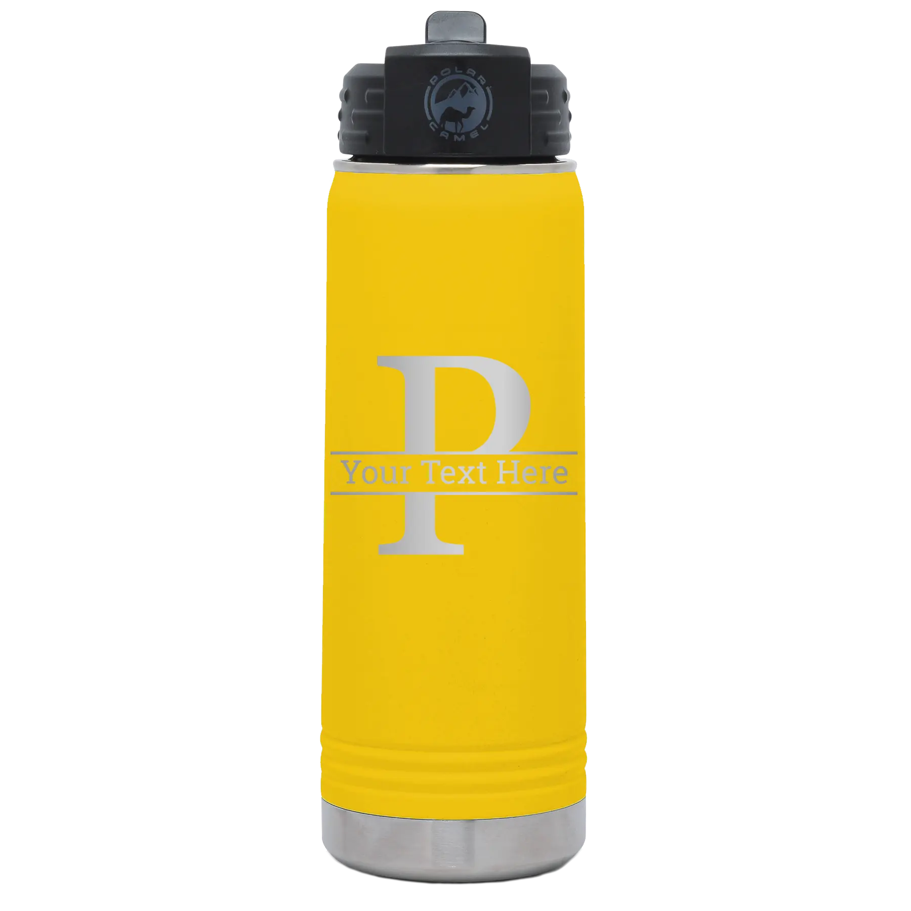 Personalized yellow 20 oz vacuum insulated water bottle with 'Monogram letter P' design
