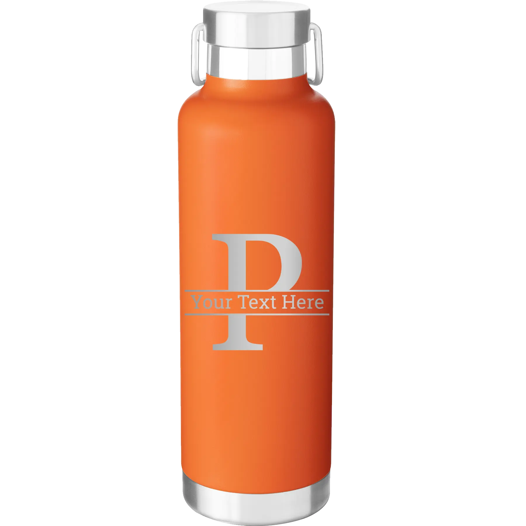 Personalized orange 24 oz vacuum insulated water bottle with 'Monogram letter P' design
