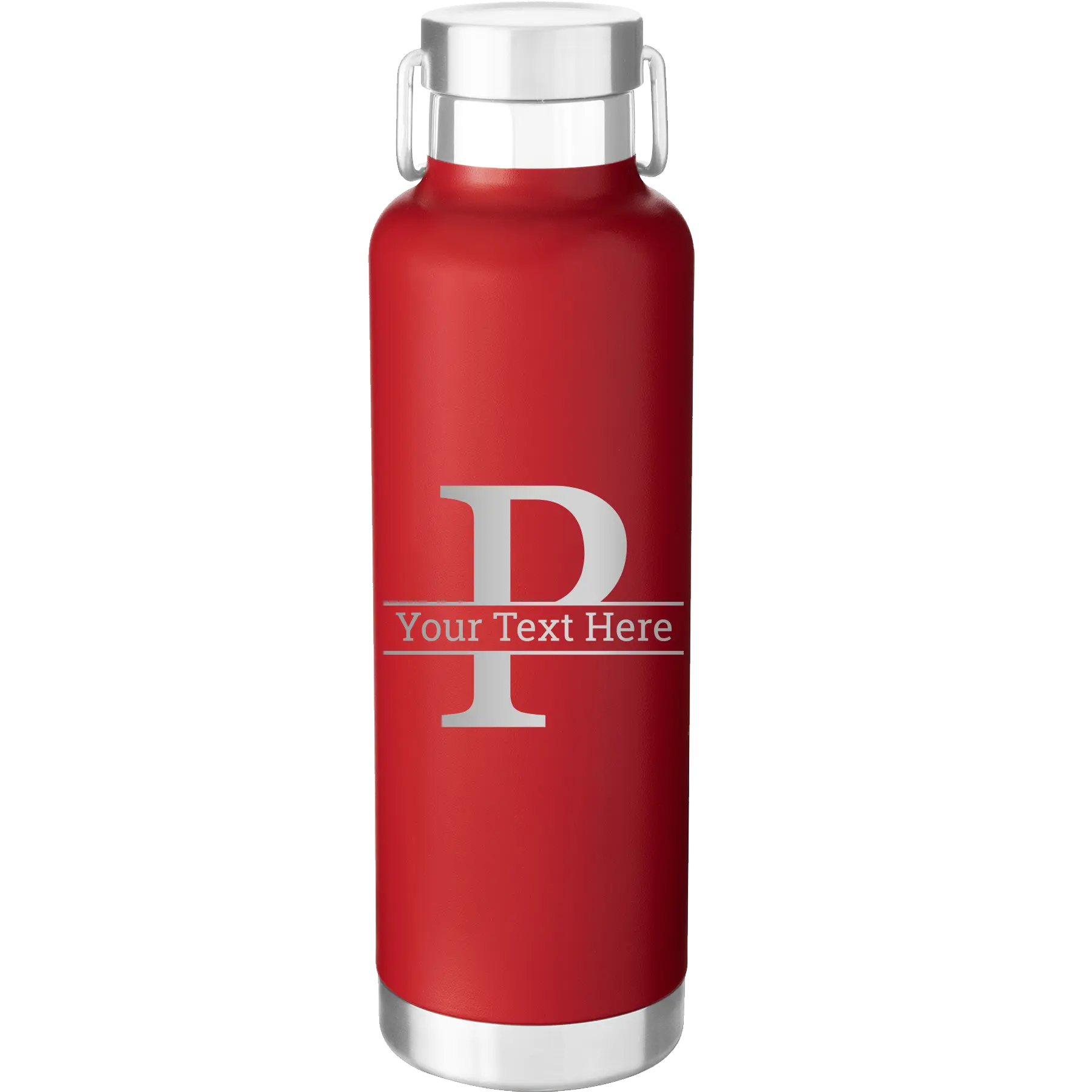 Personalized red 24 oz vacuum insulated water bottle with 'Monogram letter P' design