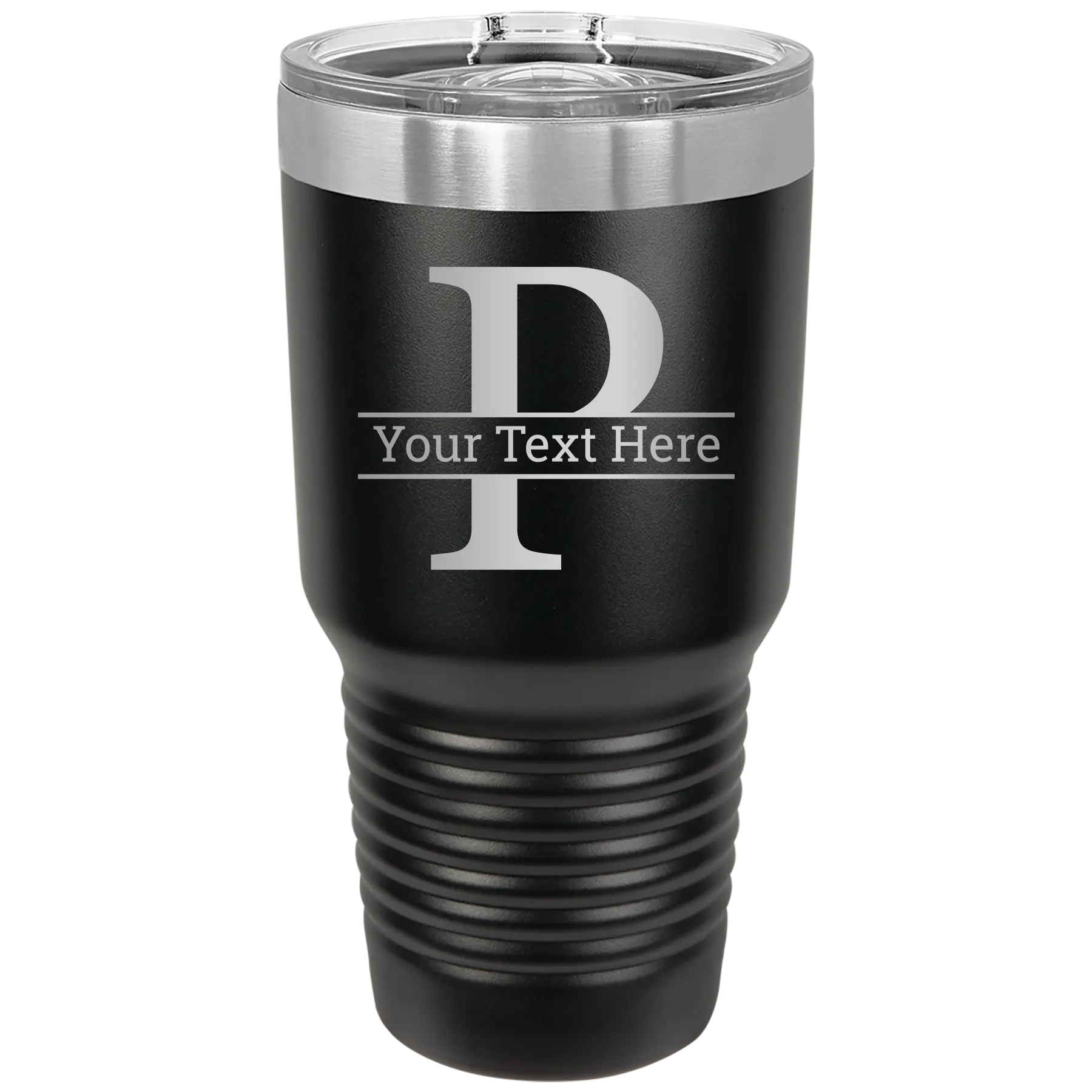 Personalized black 30 oz vacuum insulated tumbler with 'Monogram letter P' design